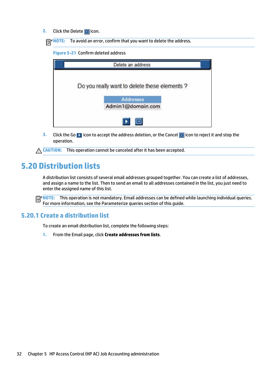 Distribution lists, Create a distribution list, 20 distribution lists | 1 create a distribution list, Figure 5-21 confirm deleted address | HP Access Control User Manual | Page 46 / 169