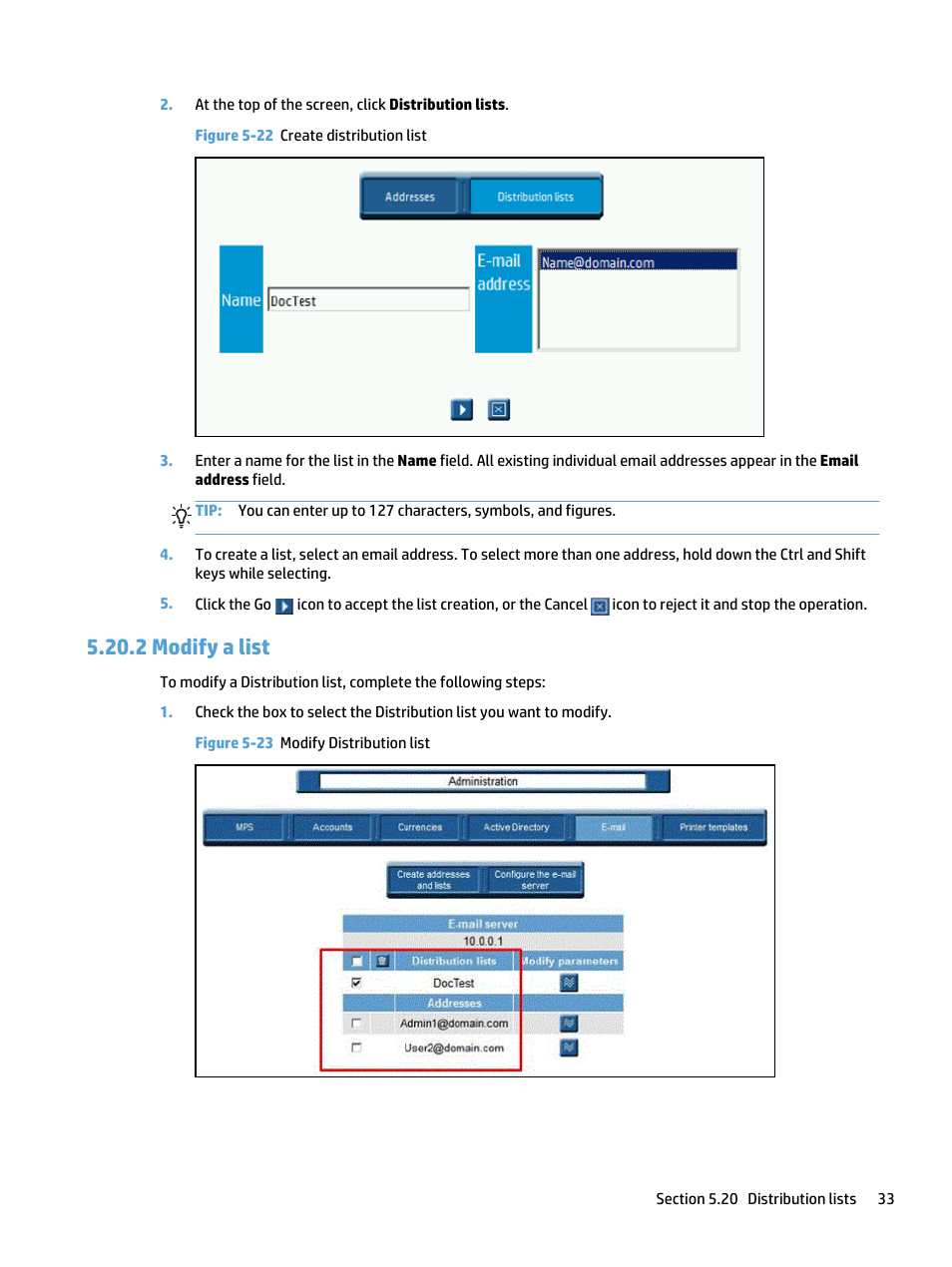 Modify a list, 2 modify a list, Figure 5-22 create distribution list | Figure 5-23 modify distribution list | HP Access Control User Manual | Page 47 / 169