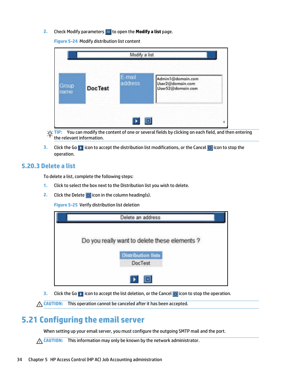 Delete a list, Configuring the email server, 3 delete a list | 21 configuring the email server, Figure 5-24 modify distribution list content, Figure 5-25 verify distribution list deletion | HP Access Control User Manual | Page 48 / 169