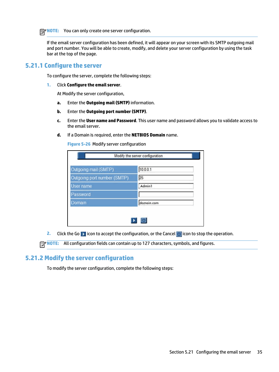 Configure the server, Modify the server configuration, Figure 5-26 modify server configuration | 1 configure the server, 2 modify the server configuration | HP Access Control User Manual | Page 49 / 169