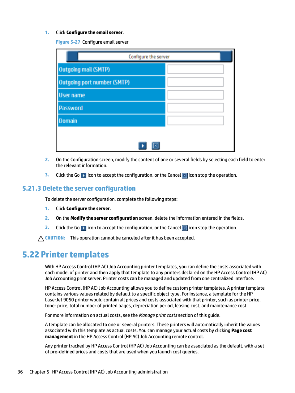 Delete the server configuration, Printer templates, 3 delete the server configuration | 22 printer templates, Figure 5-27 configure email server | HP Access Control User Manual | Page 50 / 169