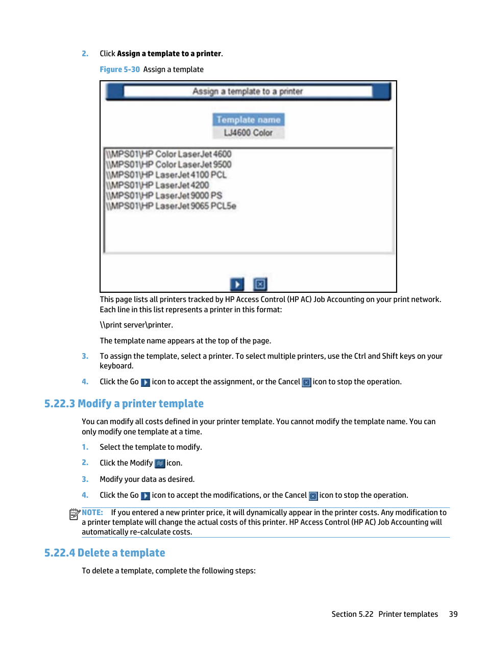 Modify a printer template, Delete a template, Figure 5-30 assign a template | 3 modify a printer template, 4 delete a template | HP Access Control User Manual | Page 53 / 169