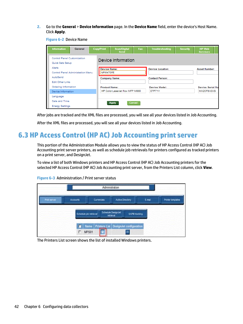Figure 6-2 device name, Figure 6-3 administration / print server status | HP Access Control User Manual | Page 56 / 169
