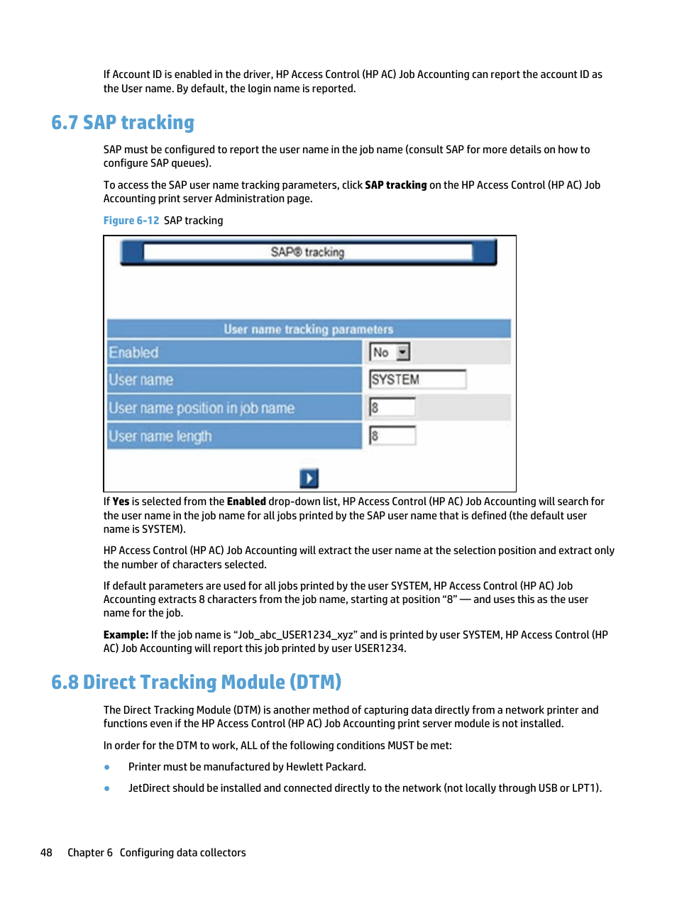 Sap tracking, Direct tracking module (dtm), 7 sap tracking 6.8 direct tracking module (dtm) | Figure 6-12 sap tracking, 7 sap tracking, 8 direct tracking module (dtm) | HP Access Control User Manual | Page 62 / 169