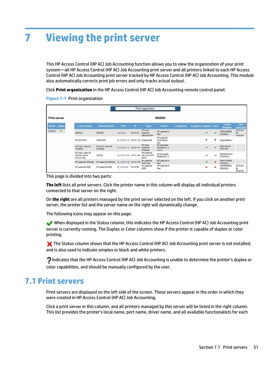 Viewing the print server, Print servers, 7 viewing the print server | 1 print servers, Figure 7-1 print organization, 7viewing the print server | HP Access Control User Manual | Page 65 / 169