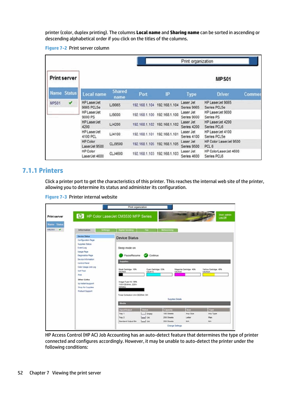 Printers, 1 printers, Figure 7-2 print server column | Figure 7-3 printer internal website | HP Access Control User Manual | Page 66 / 169