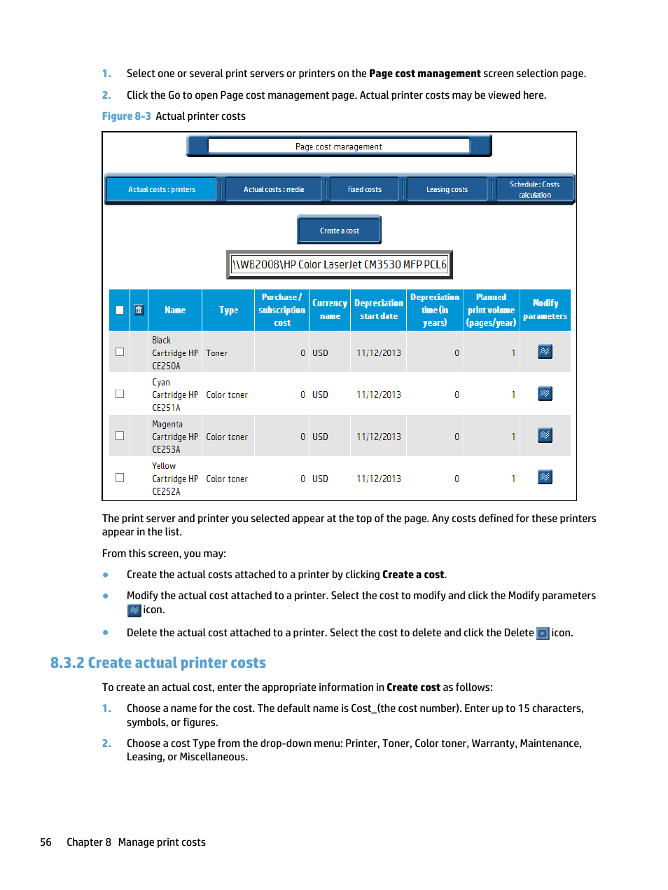 Create actual printer costs, 2 create actual printer costs, Figure 8-3 actual printer costs | HP Access Control User Manual | Page 70 / 169