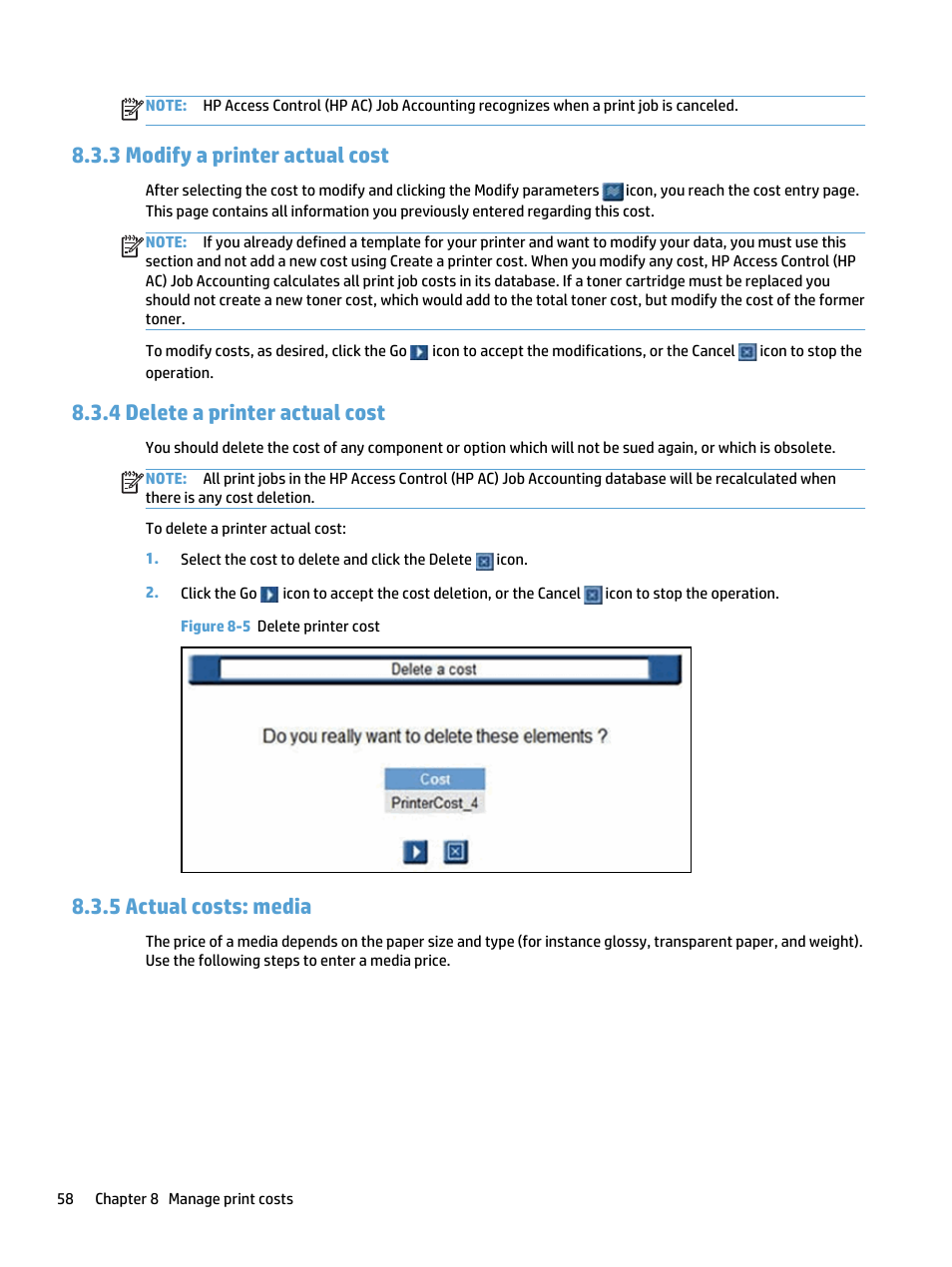 Modify a printer actual cost, Delete a printer actual cost, Actual costs: media | Figure 8-5 delete printer cost, 3 modify a printer actual cost, 4 delete a printer actual cost, 5 actual costs: media | HP Access Control User Manual | Page 72 / 169