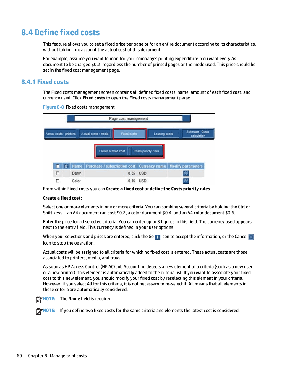 Define fixed costs, Fixed costs, 4 define fixed costs | 1 fixed costs, Figure 8-8 fixed costs management | HP Access Control User Manual | Page 74 / 169