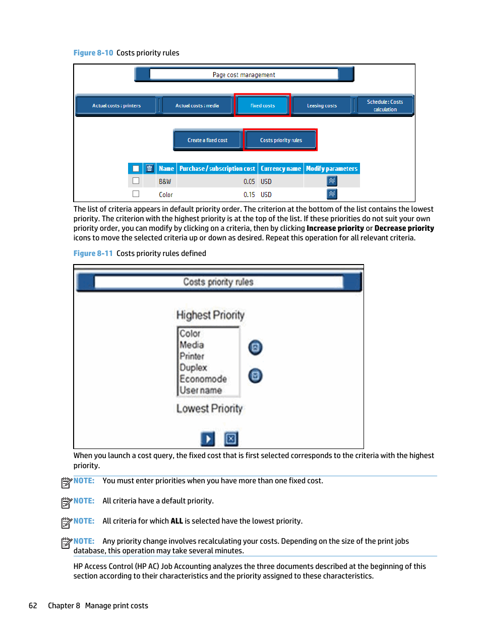 Figure 8-10 costs priority rules, Figure 8-11 costs priority rules defined | HP Access Control User Manual | Page 76 / 169