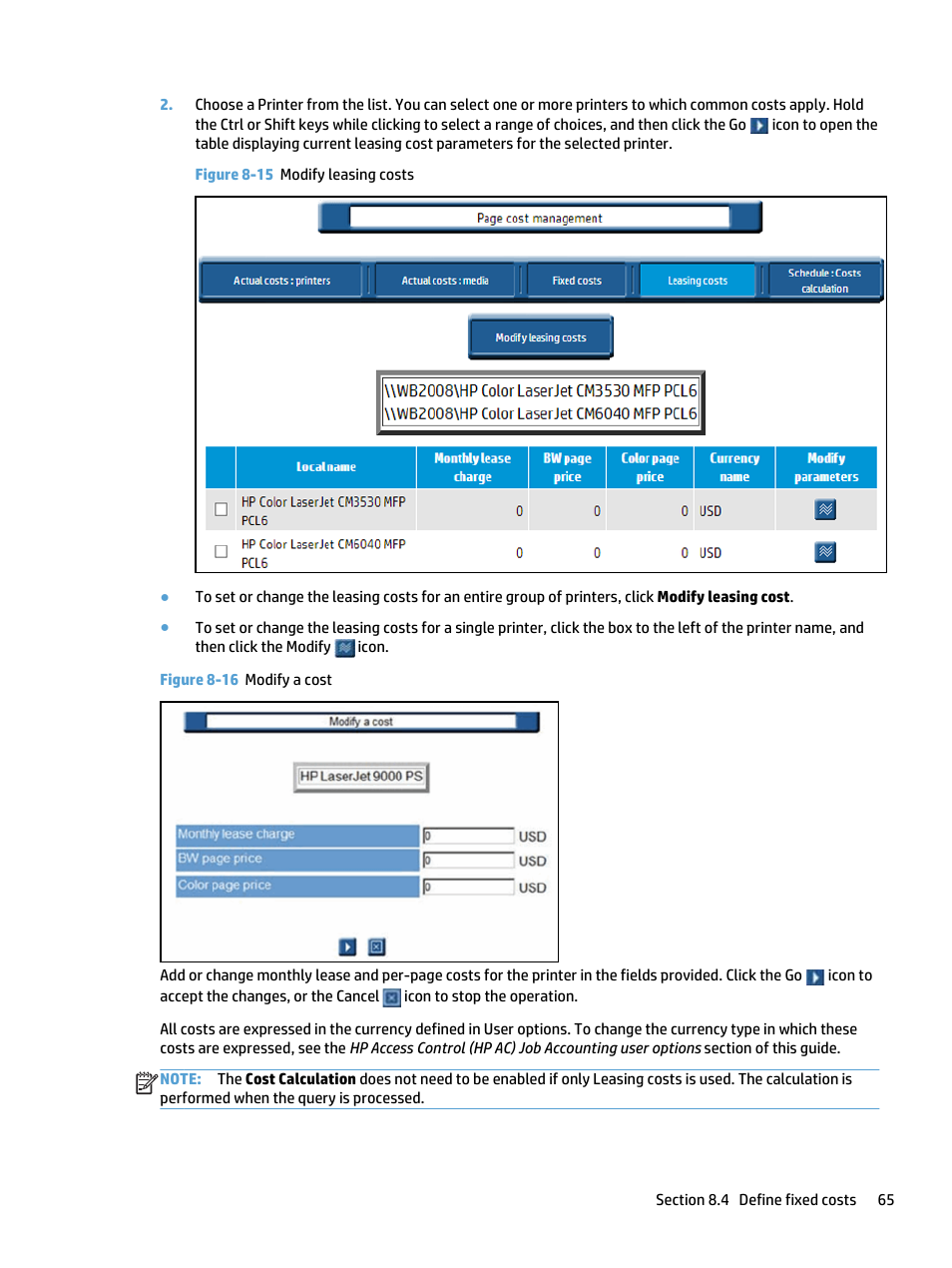 Figure 8-15 modify leasing costs, Figure 8-16 modify a cost | HP Access Control User Manual | Page 79 / 169