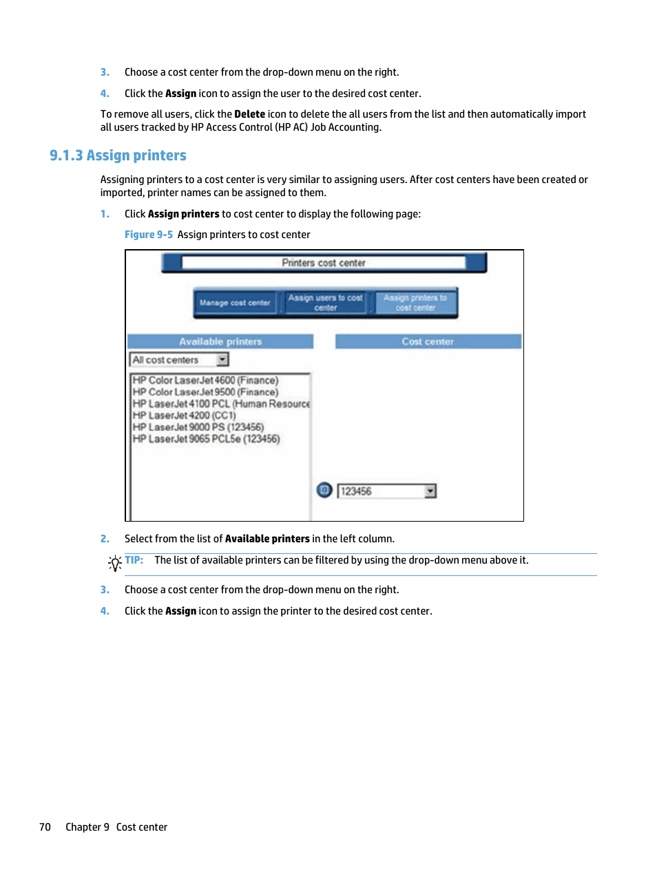 Assign printers, 3 assign printers, Figure 9-5 assign printers to cost center | HP Access Control User Manual | Page 84 / 169