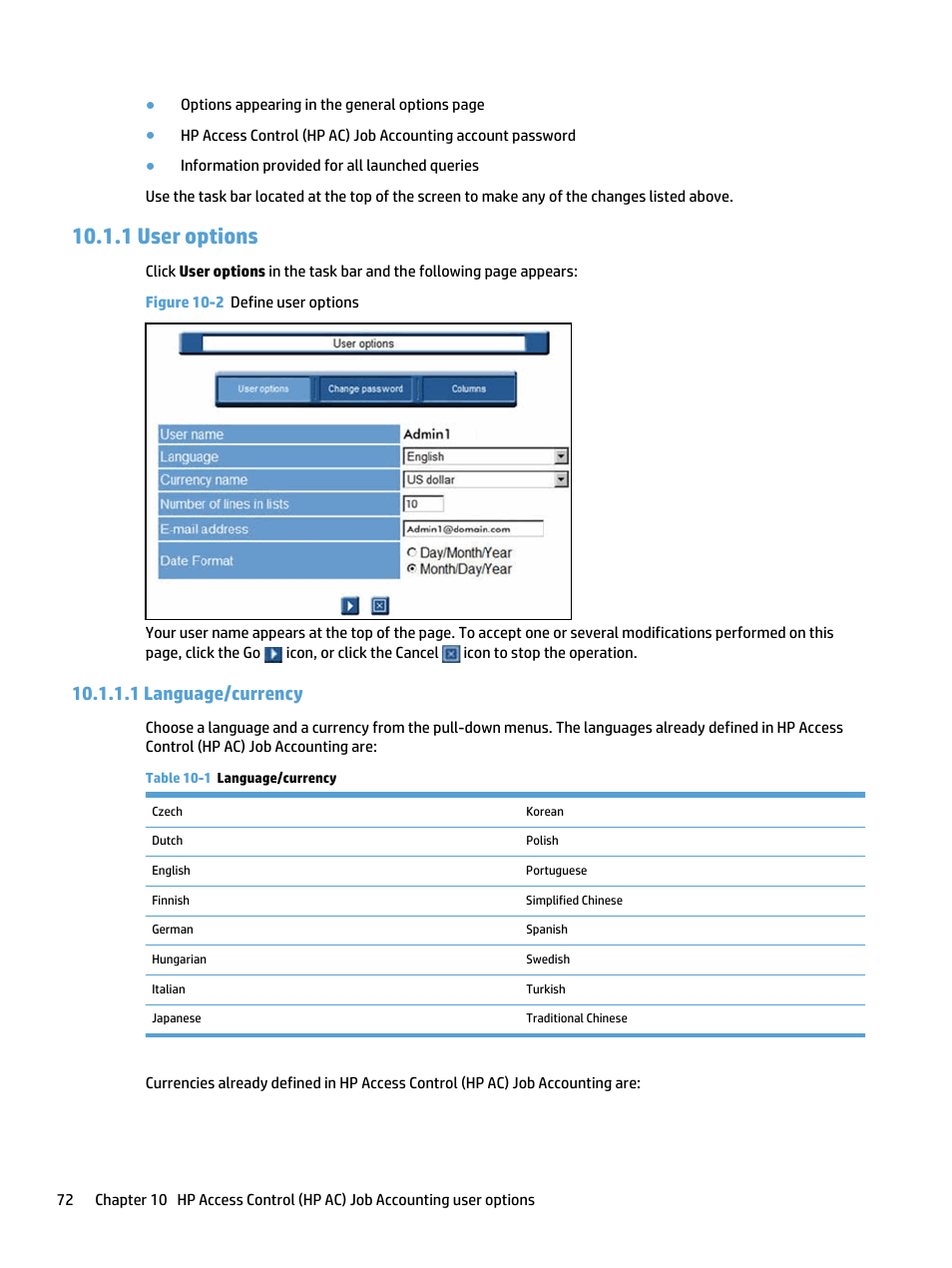 User options, Language/currency, 1 user options | 1 language/currency, Figure 10-2 define user options | HP Access Control User Manual | Page 86 / 169