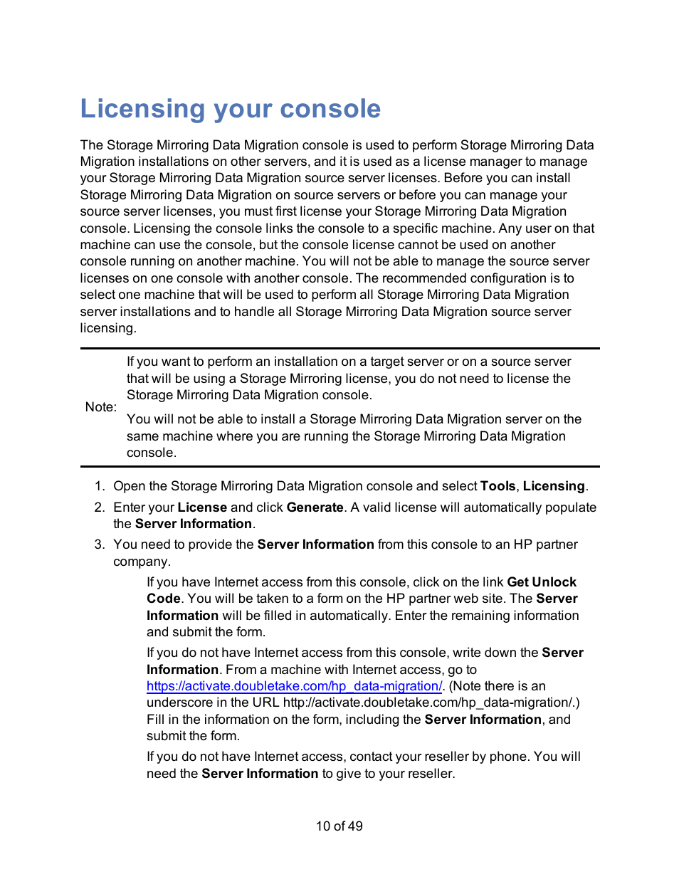 Licensing your console | HP Storage Mirroring V5 Software User Manual | Page 10 / 49