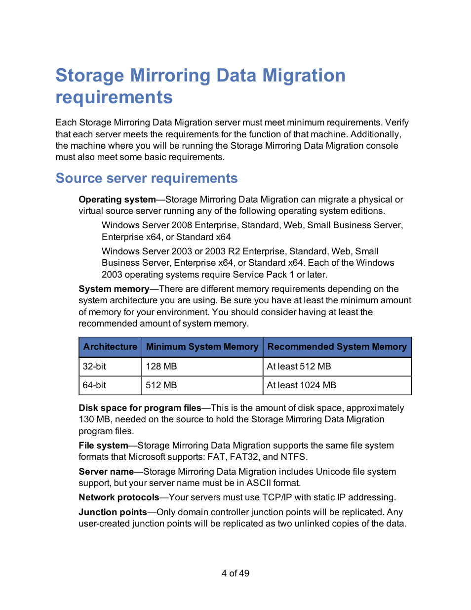 Storage mirroring data migration requirements, Source server requirements | HP Storage Mirroring V5 Software User Manual | Page 4 / 49