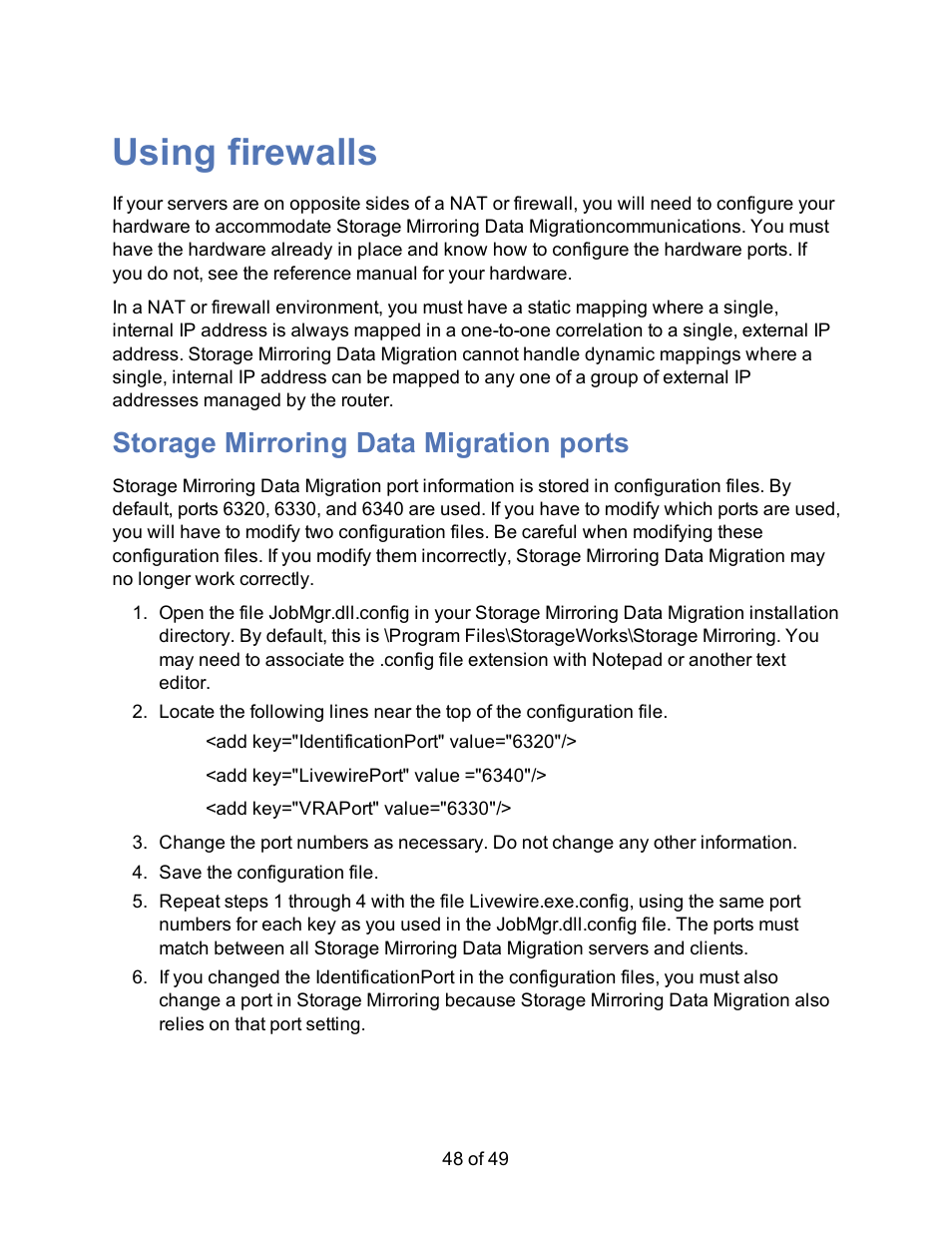 Using firewalls, Storage mirroring data migration ports | HP Storage Mirroring V5 Software User Manual | Page 48 / 49