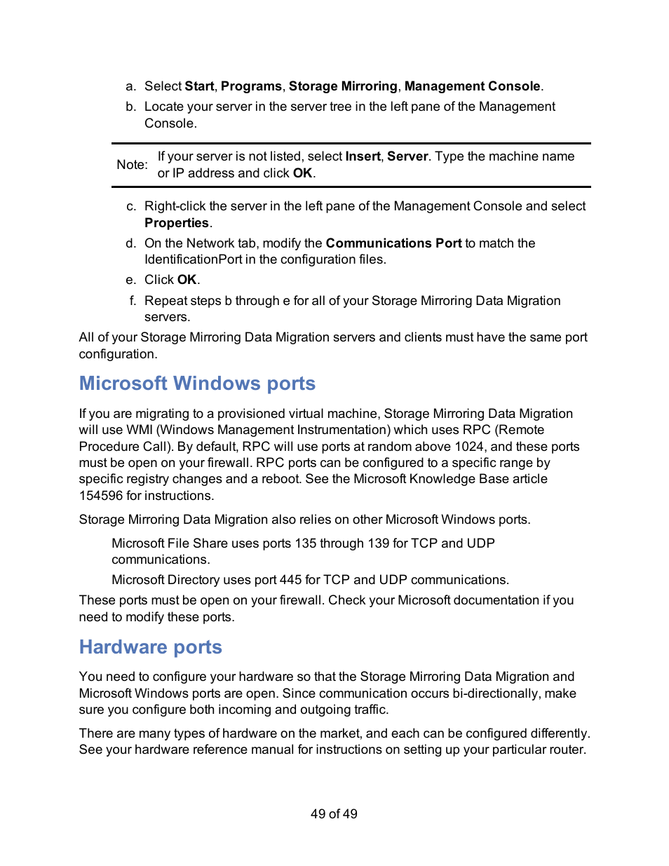 Microsoft windows ports, Hardware ports | HP Storage Mirroring V5 Software User Manual | Page 49 / 49