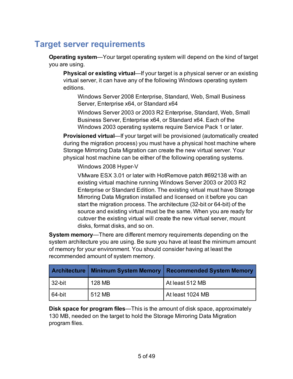 Target server requirements | HP Storage Mirroring V5 Software User Manual | Page 5 / 49