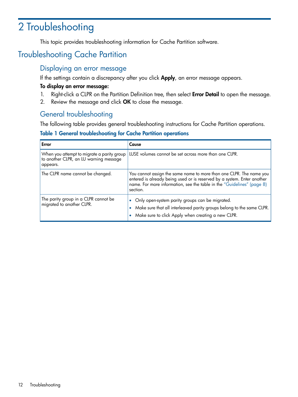 2 troubleshooting, Troubleshooting cache partition, Displaying an error message | General troubleshooting | HP XP P9500 Storage User Manual | Page 12 / 22