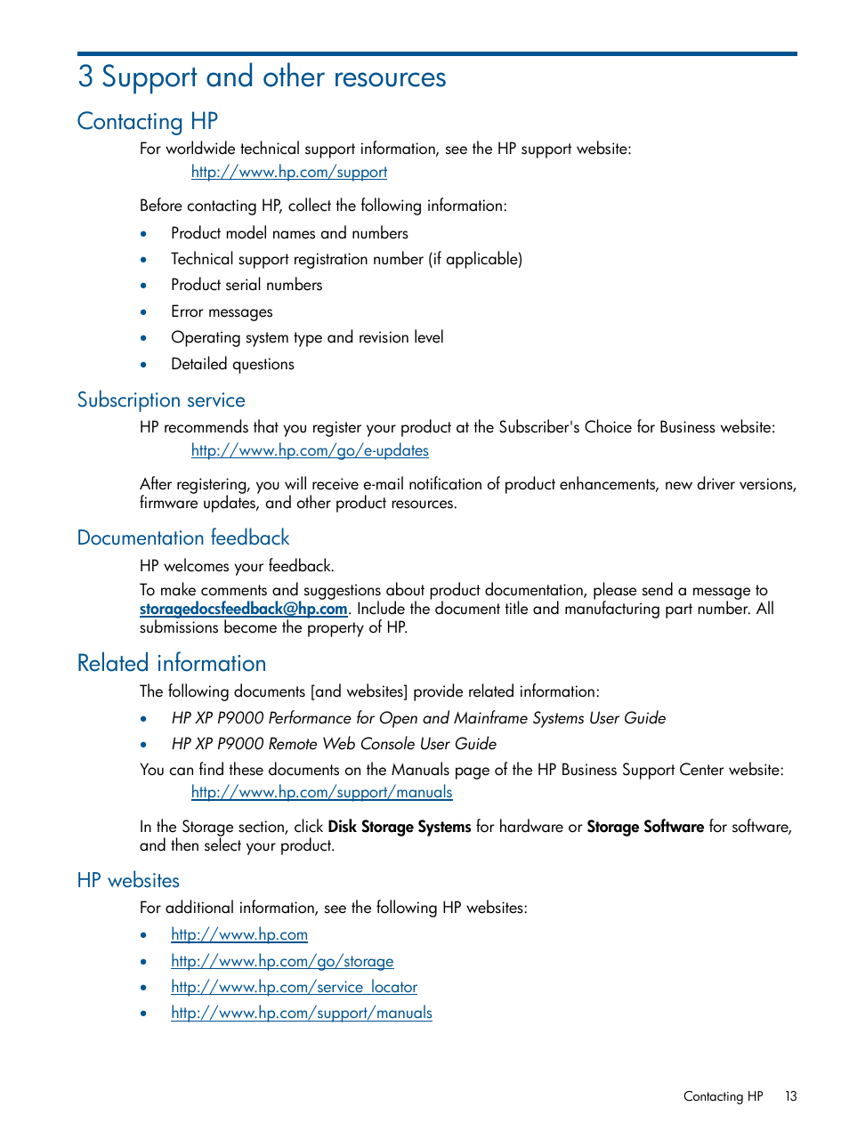 3 support and other resources, Contacting hp, Subscription service | Documentation feedback, Related information, Hp websites, Subscription service documentation feedback | HP XP P9500 Storage User Manual | Page 13 / 22