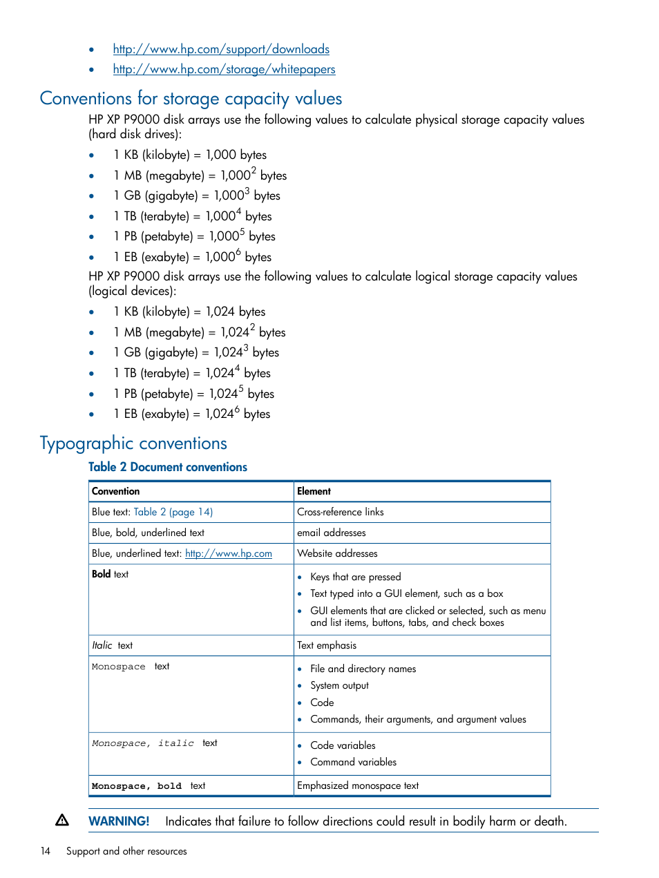 Conventions for storage capacity values, Typographic conventions | HP XP P9500 Storage User Manual | Page 14 / 22