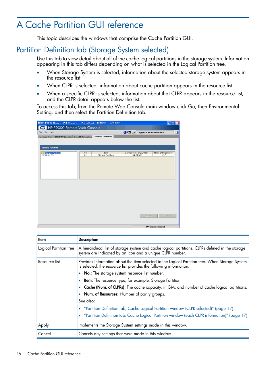 A cache partition gui reference, Partition definition tab (storage system selected) | HP XP P9500 Storage User Manual | Page 16 / 22