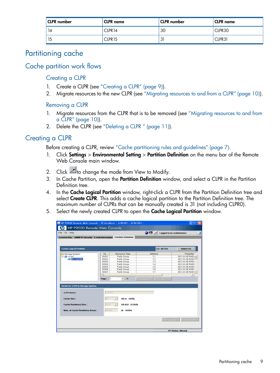 Partitioning cache, Cache partition work flows, Creating a clpr | Cache partition work flows creating a clpr | HP XP P9500 Storage User Manual | Page 9 / 22