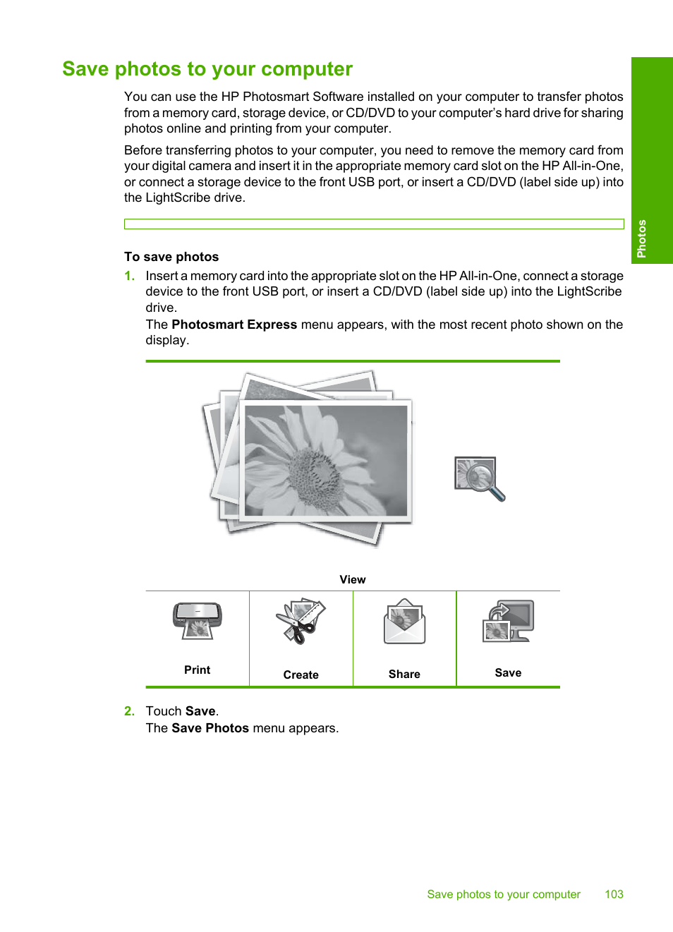 Save photos to your computer | HP Photosmart C8180 All-in-One Printer User Manual | Page 104 / 235