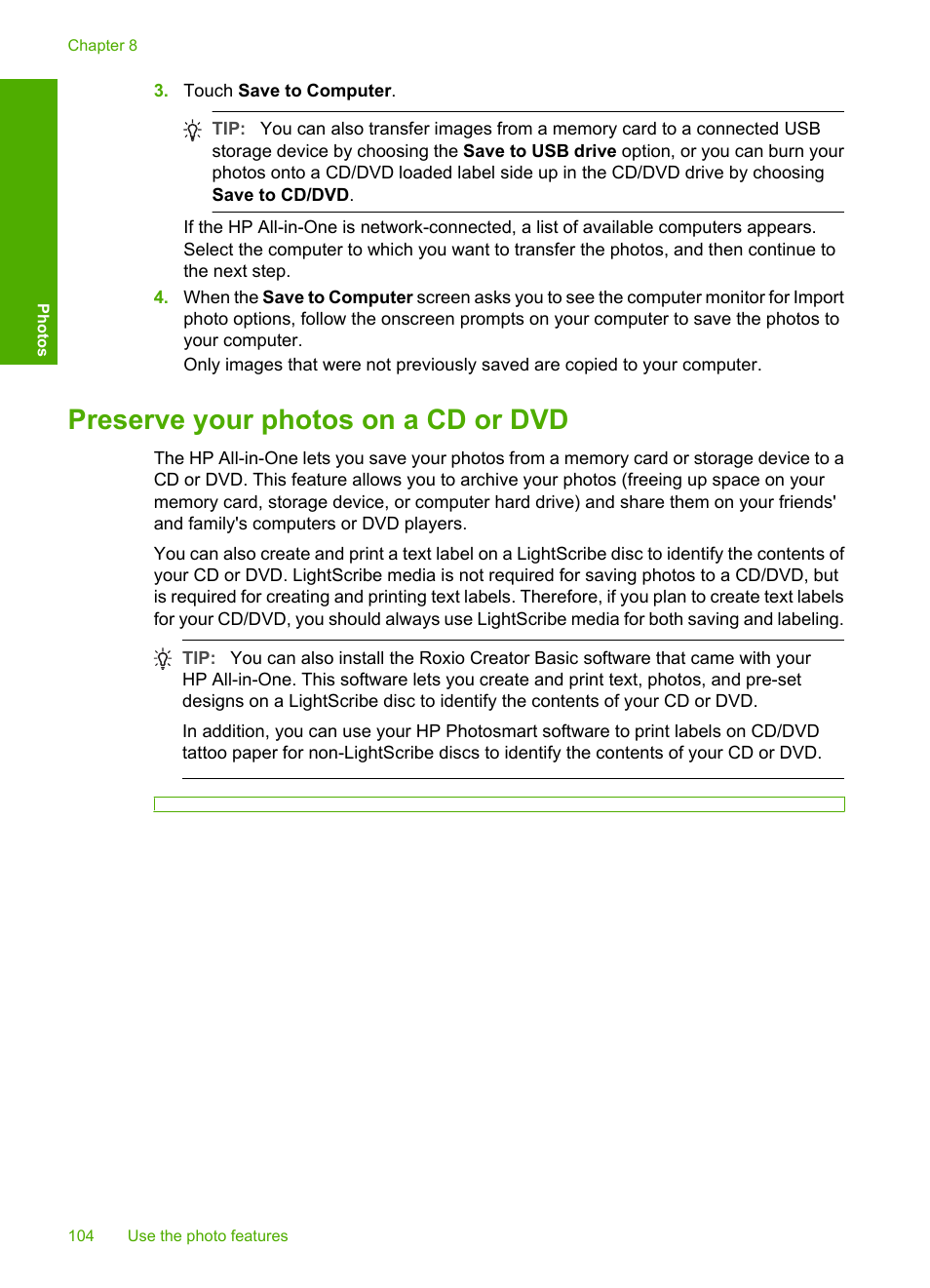 Preserve your photos on a cd or dvd | HP Photosmart C8180 All-in-One Printer User Manual | Page 105 / 235