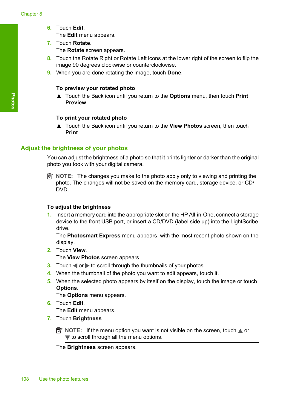 Adjust the brightness of your photos | HP Photosmart C8180 All-in-One Printer User Manual | Page 109 / 235