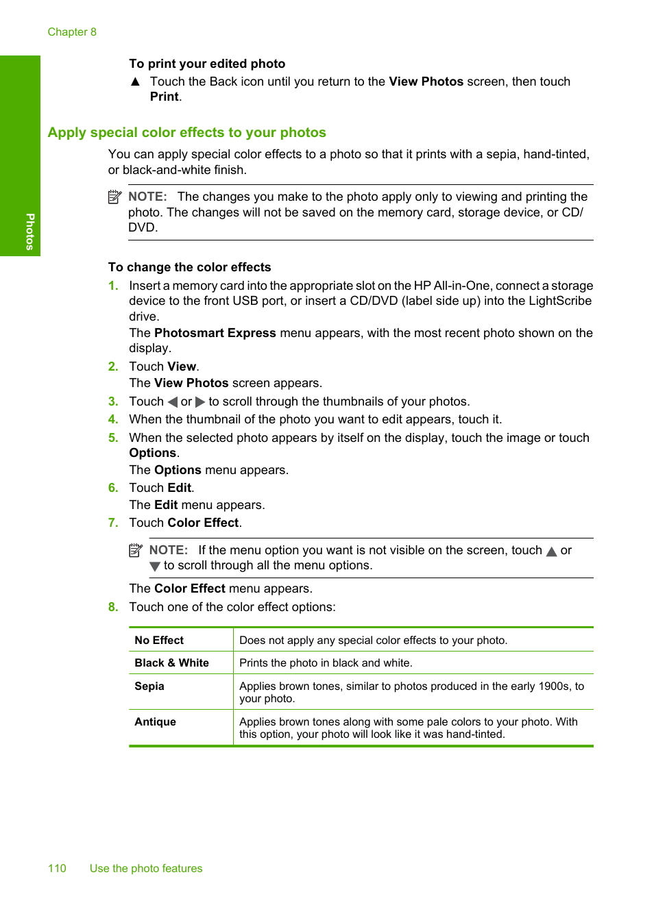 Apply special color effects to your photos | HP Photosmart C8180 All-in-One Printer User Manual | Page 111 / 235