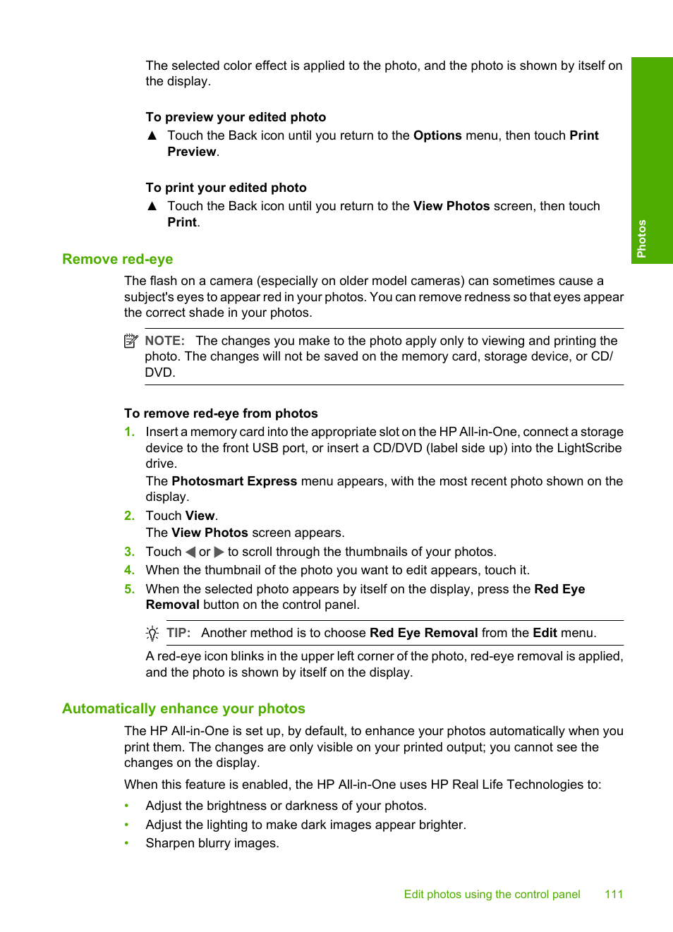 Remove red‐eye, Automatically enhance your photos, Remove red-eye | HP Photosmart C8180 All-in-One Printer User Manual | Page 112 / 235
