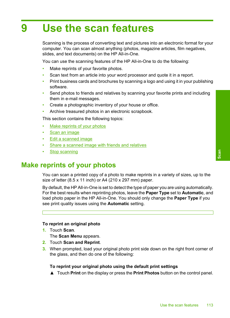 Use the scan features, Make reprints of your photos, 9 use the scan features | 9use the scan features | HP Photosmart C8180 All-in-One Printer User Manual | Page 114 / 235