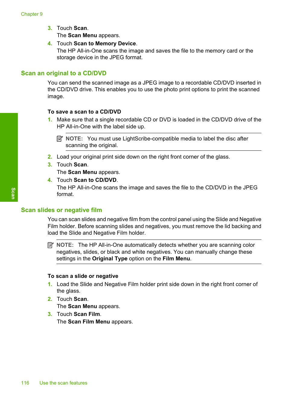 Scan an original to a cd/dvd, Scan slides or negative film | HP Photosmart C8180 All-in-One Printer User Manual | Page 117 / 235