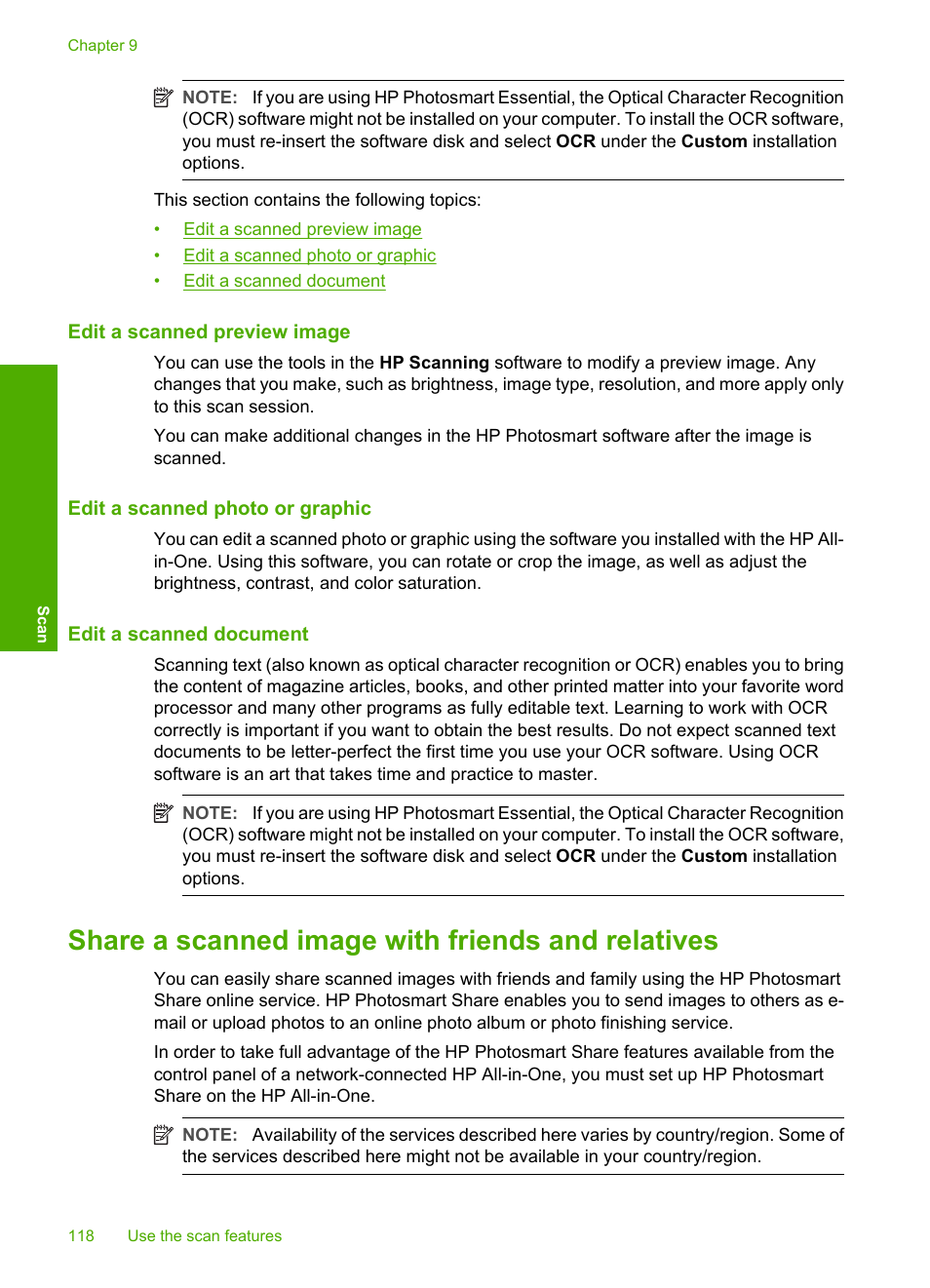 Edit a scanned preview image, Edit a scanned photo or graphic, Edit a scanned document | Share a scanned image with friends and relatives | HP Photosmart C8180 All-in-One Printer User Manual | Page 119 / 235