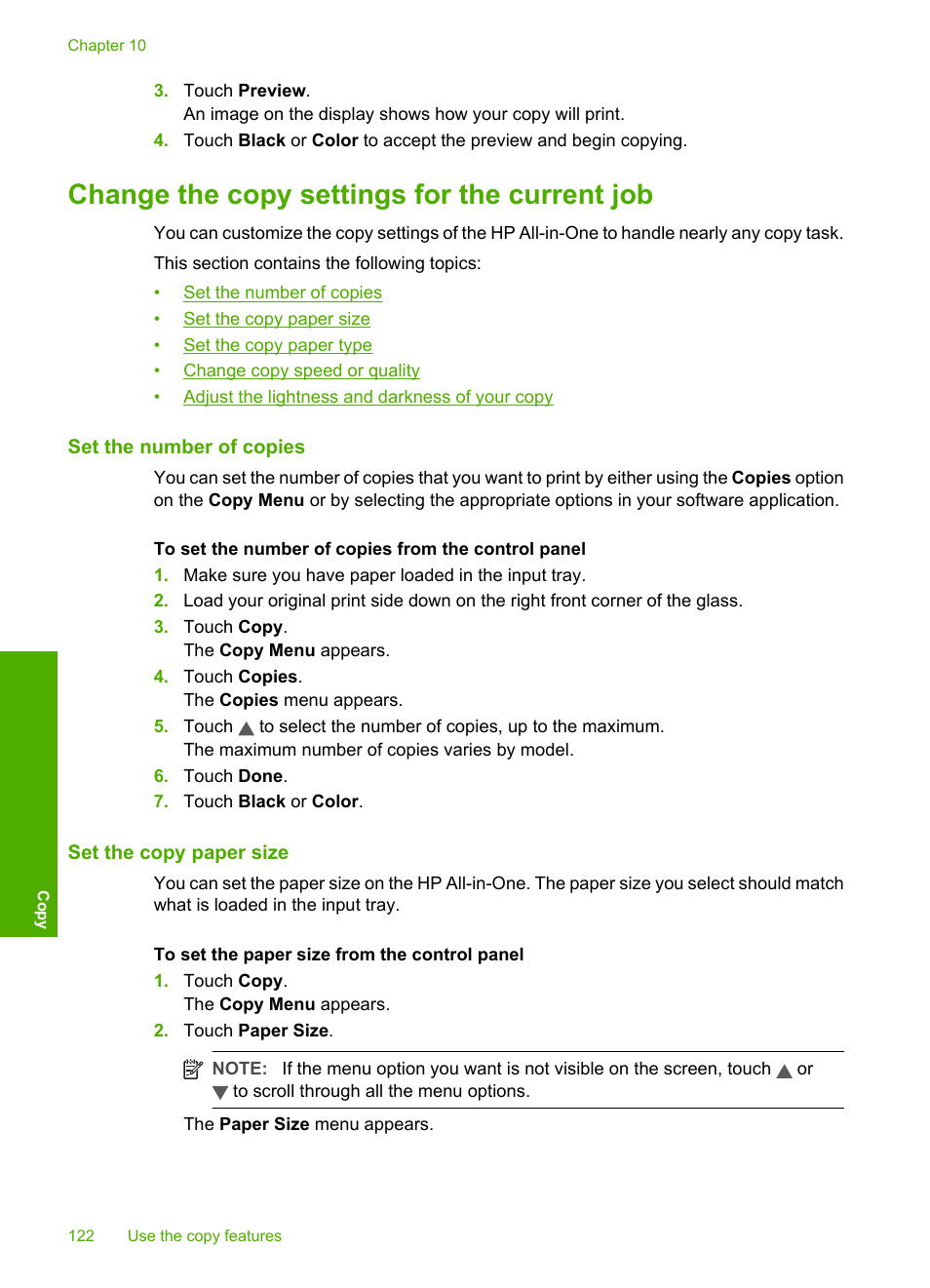 Change the copy settings for the current job, Set the number of copies, Set the copy paper size | HP Photosmart C8180 All-in-One Printer User Manual | Page 123 / 235