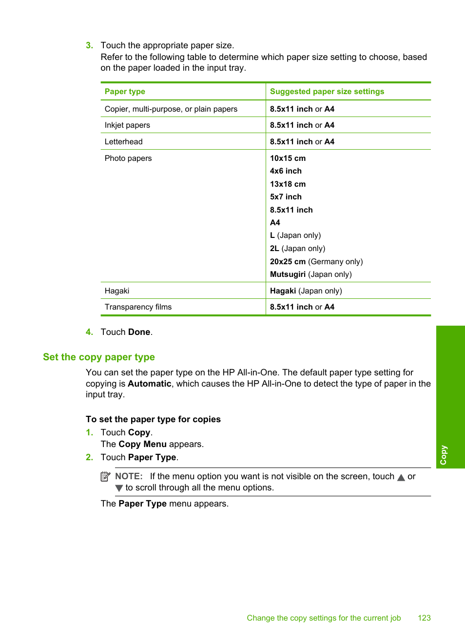 Set the copy paper type | HP Photosmart C8180 All-in-One Printer User Manual | Page 124 / 235