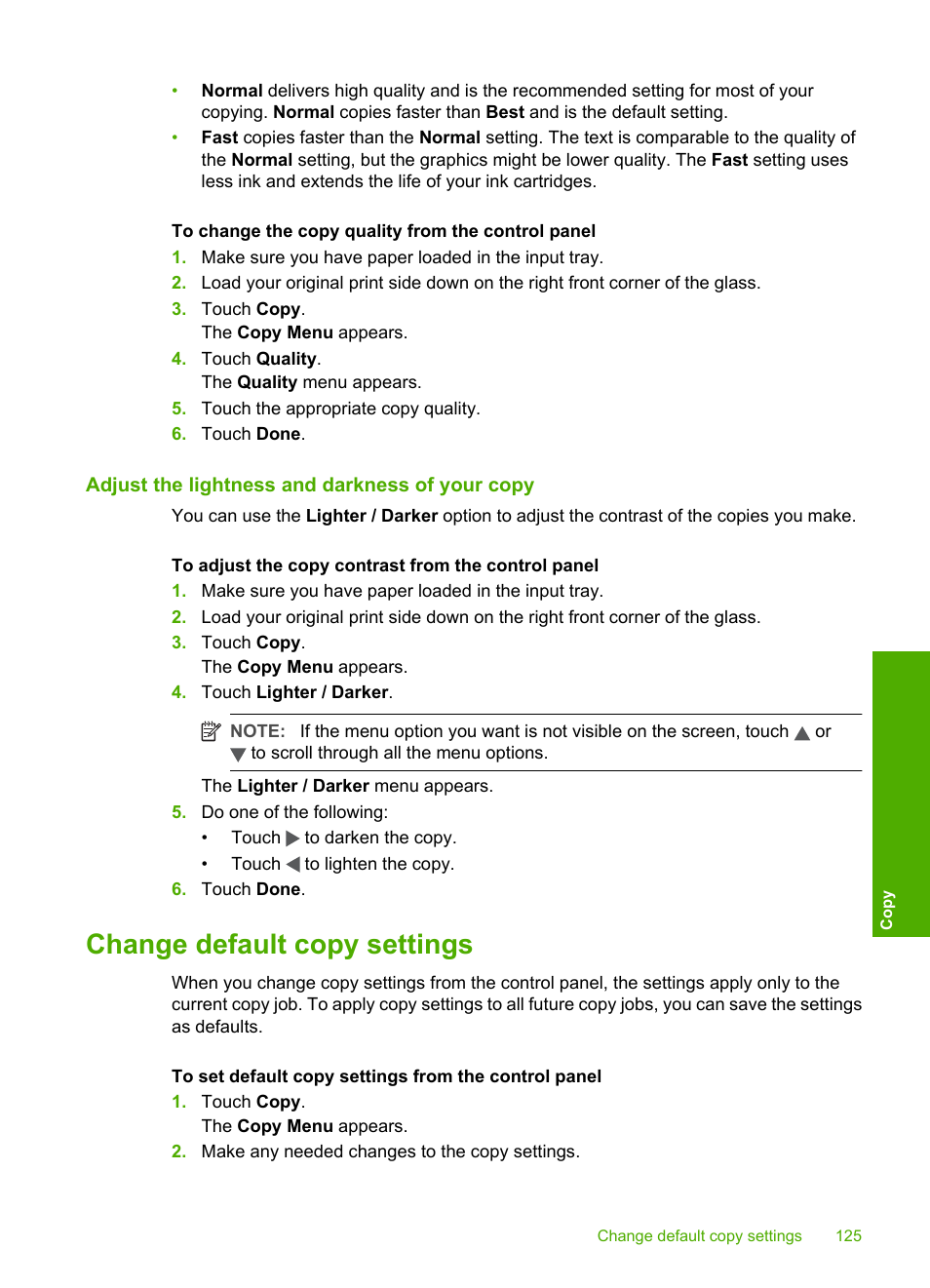 Adjust the lightness and darkness of your copy, Change default copy settings | HP Photosmart C8180 All-in-One Printer User Manual | Page 126 / 235