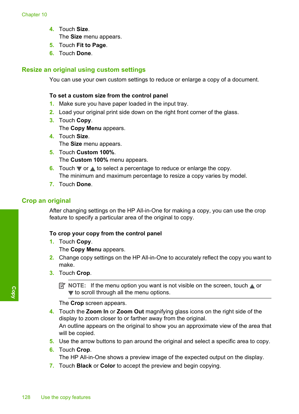 Resize an original using custom settings, Crop an original | HP Photosmart C8180 All-in-One Printer User Manual | Page 129 / 235