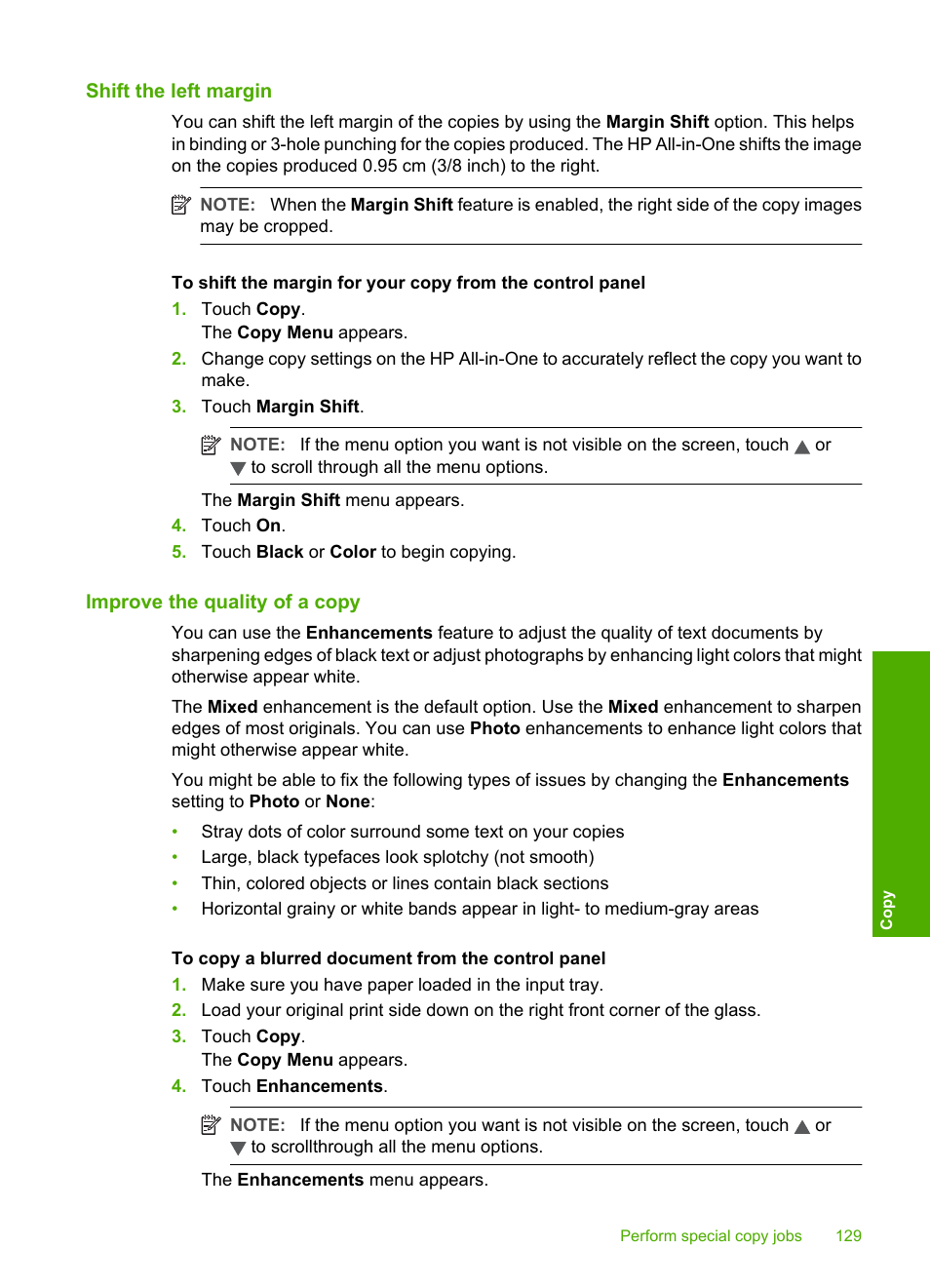 Shift the left margin, Improve the quality of a copy | HP Photosmart C8180 All-in-One Printer User Manual | Page 130 / 235