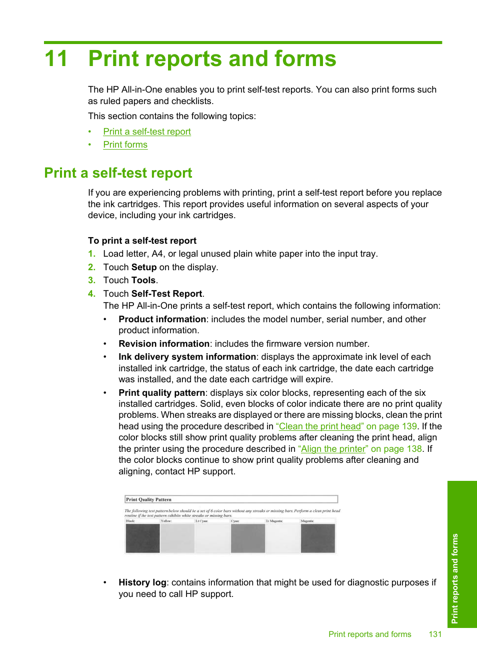 Print reports and forms, Print a self-test report, 11 print reports and forms | HP Photosmart C8180 All-in-One Printer User Manual | Page 132 / 235