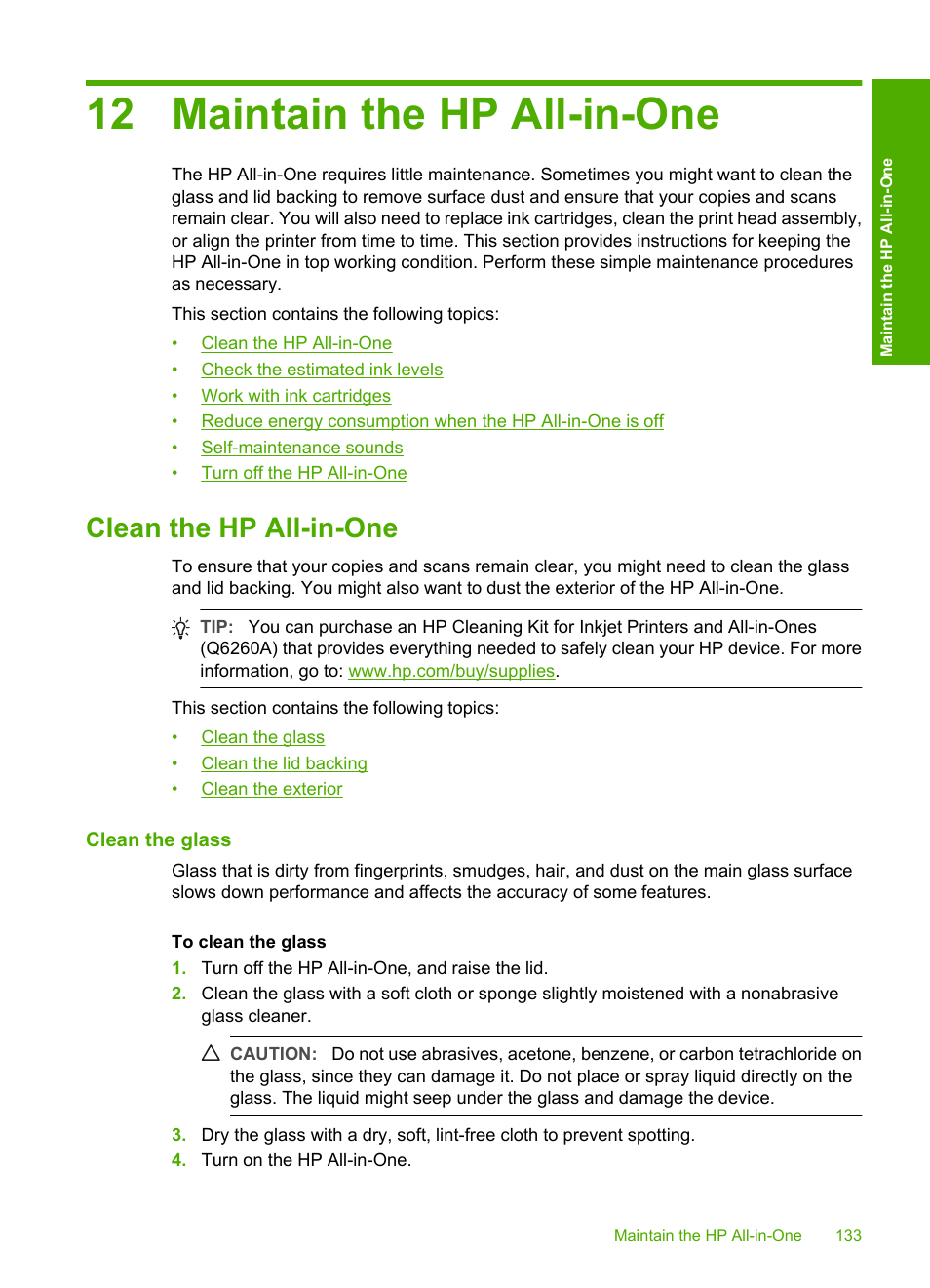 Maintain the hp all-in-one, Clean the hp all-in-one, Clean the glass | 12 maintain the hp all-in-one | HP Photosmart C8180 All-in-One Printer User Manual | Page 134 / 235