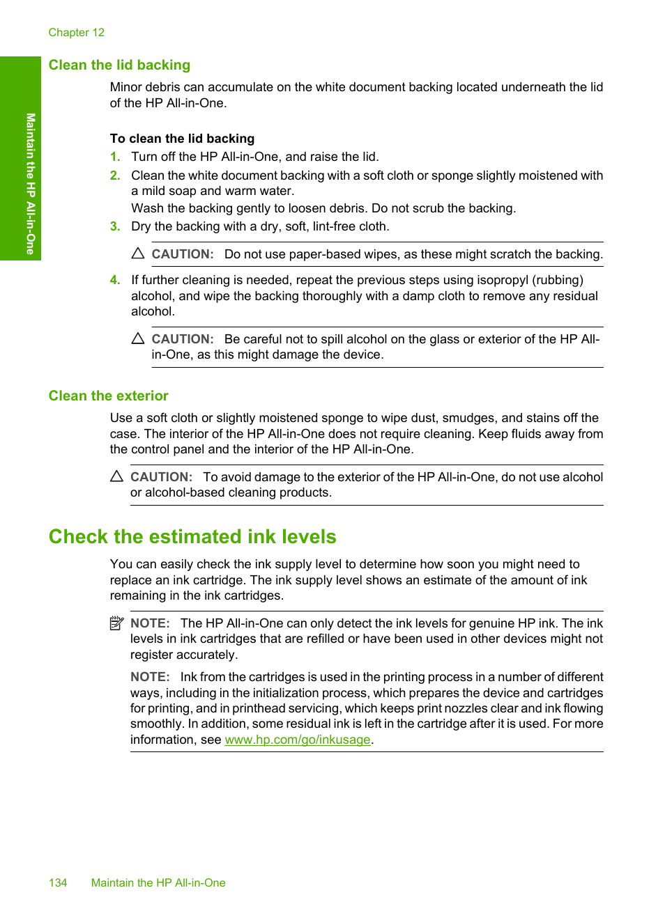Clean the lid backing, Clean the exterior, Check the estimated ink levels | HP Photosmart C8180 All-in-One Printer User Manual | Page 135 / 235