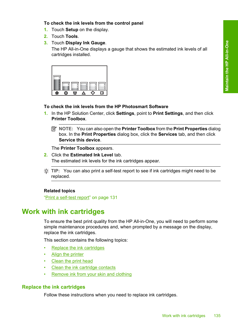 Work with ink cartridges, Replace the ink cartridges | HP Photosmart C8180 All-in-One Printer User Manual | Page 136 / 235