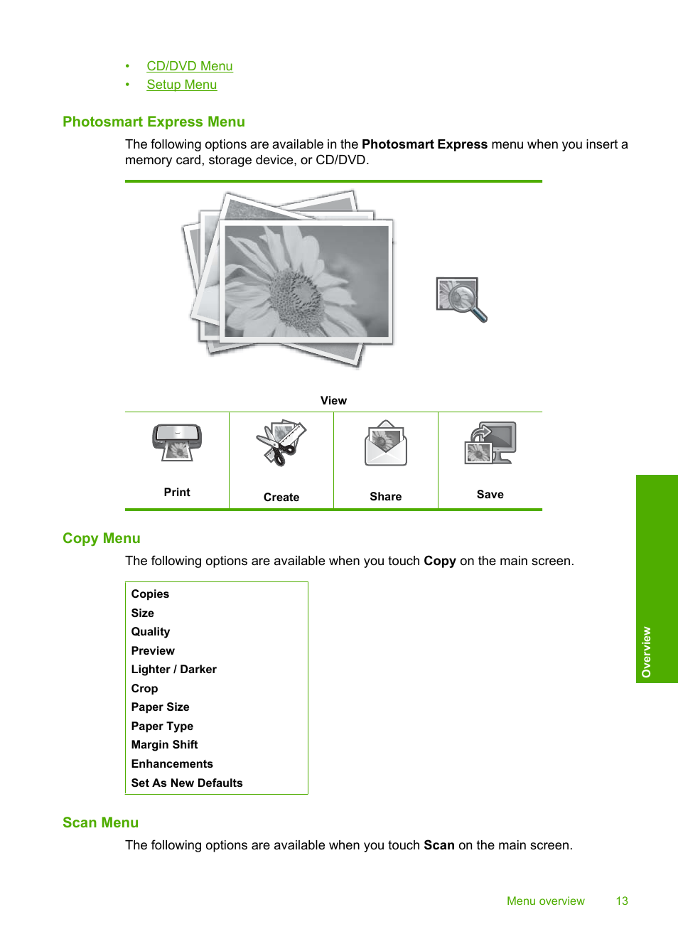 Photosmart express menu, Copy menu, Scan menu | HP Photosmart C8180 All-in-One Printer User Manual | Page 14 / 235