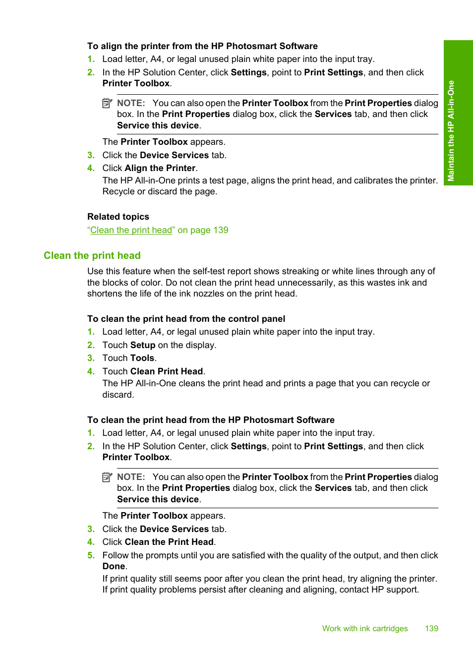 Clean the print head | HP Photosmart C8180 All-in-One Printer User Manual | Page 140 / 235