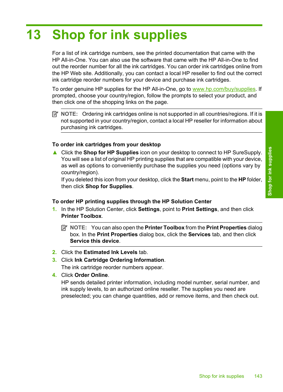 Shop for ink supplies, 13 shop for ink supplies | HP Photosmart C8180 All-in-One Printer User Manual | Page 144 / 235