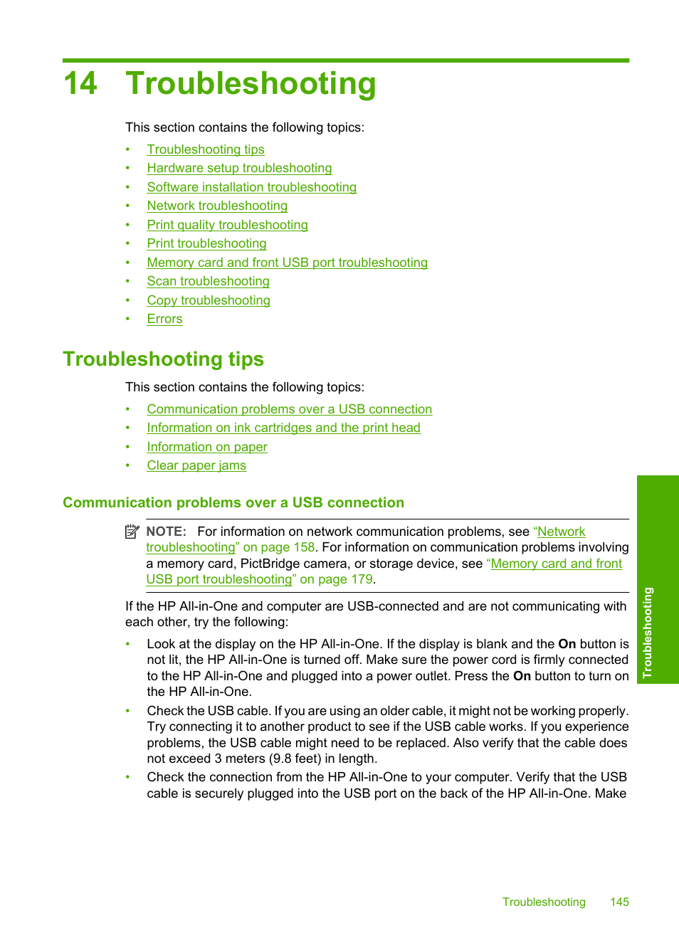 Troubleshooting, Troubleshooting tips, Communication problems over a usb connection | 14 troubleshooting | HP Photosmart C8180 All-in-One Printer User Manual | Page 146 / 235