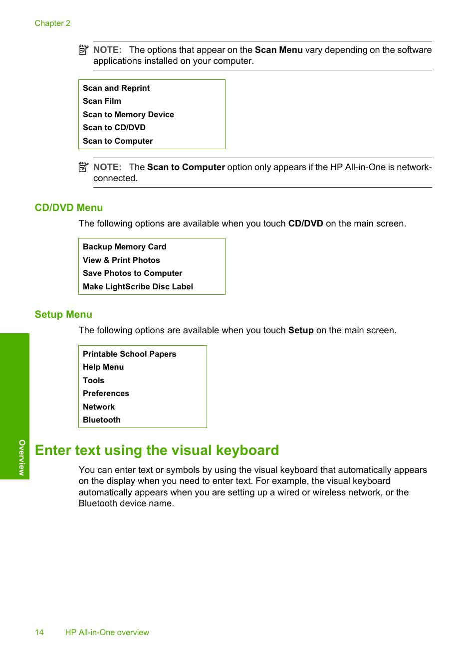 Cd/dvd menu, Setup menu, Enter text using the visual keyboard | HP Photosmart C8180 All-in-One Printer User Manual | Page 15 / 235