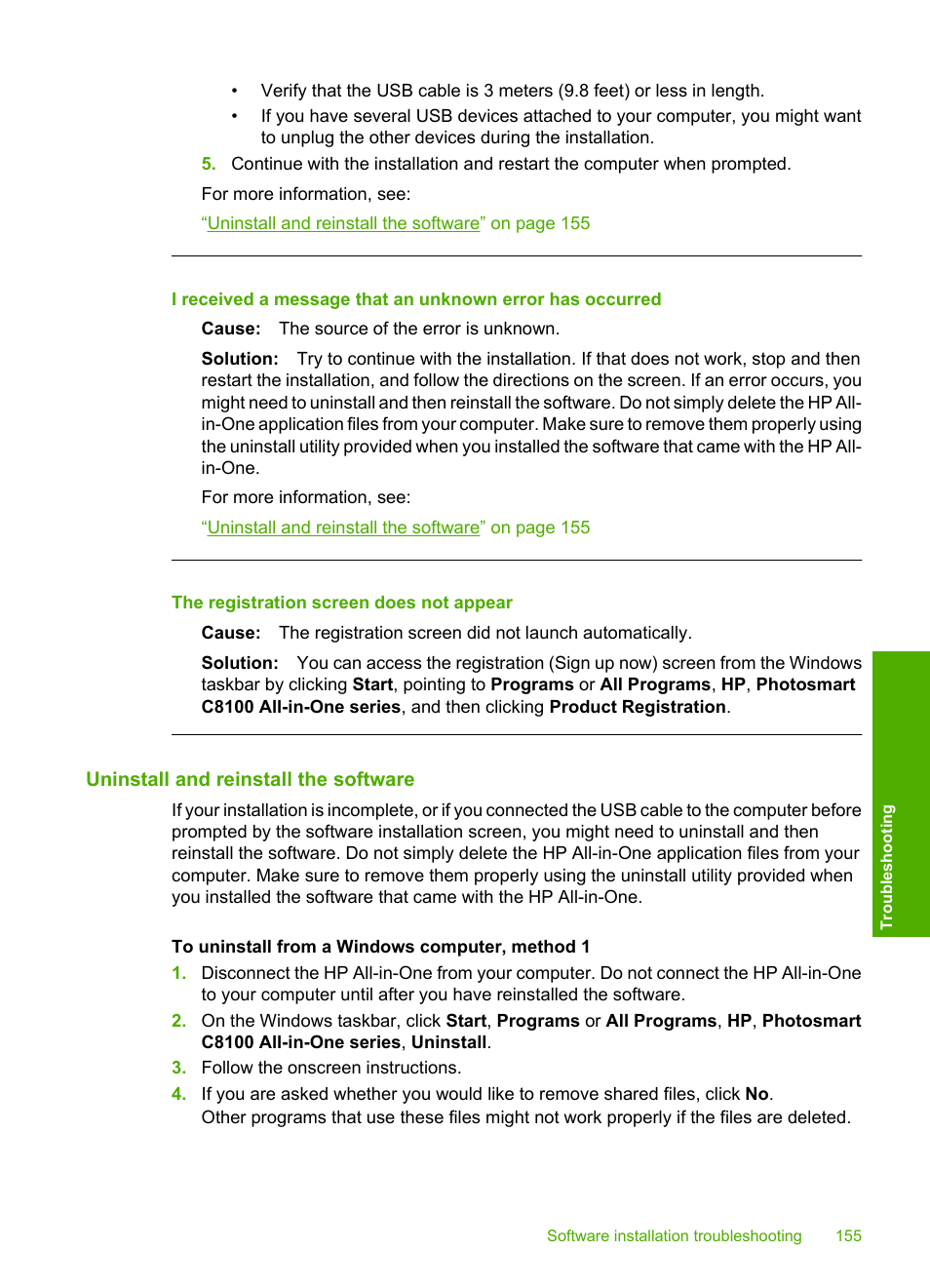 Uninstall and reinstall the software, The registration screen does not appear | HP Photosmart C8180 All-in-One Printer User Manual | Page 156 / 235